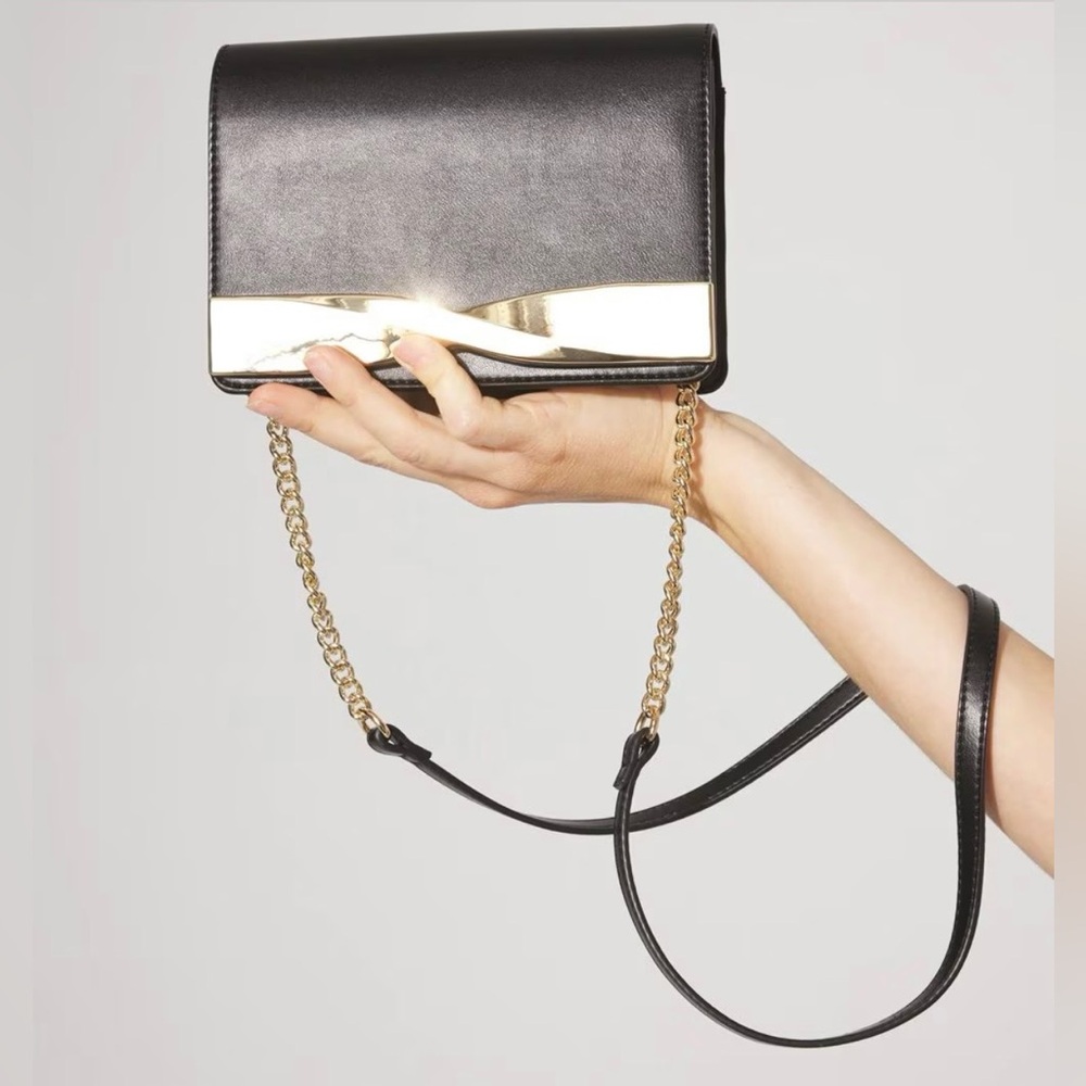 WHBM Black Leather Crossbody Gold Twist Clutch Bag with Gold Accent NWT